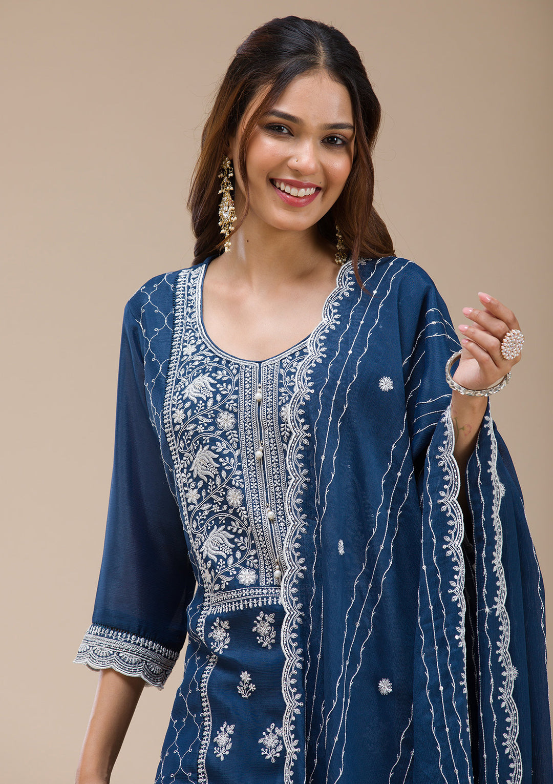 Navy Blue Chinon Threadwork Straight Kurta With Sharara And Dupatta
