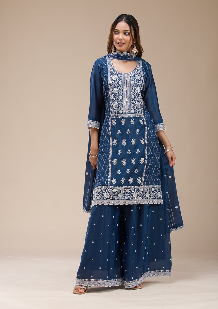 Navy Blue Chinon Threadwork Straight Kurta With Sharara And Dupatta