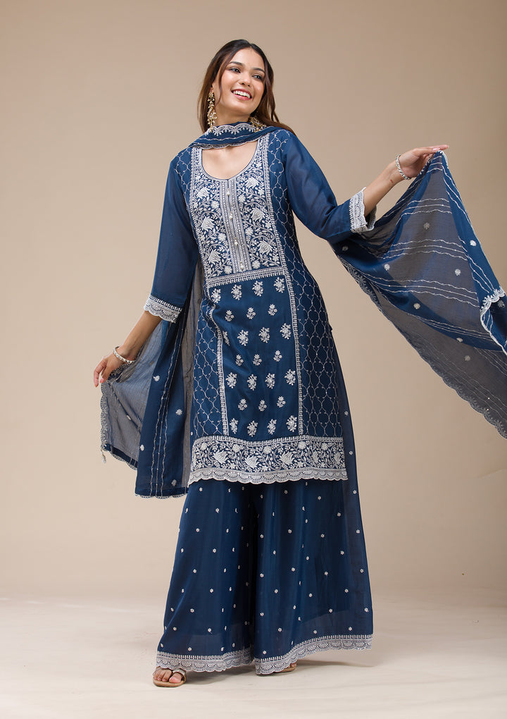 Navy Blue Chinon Threadwork Straight Kurta With Sharara And Dupatta