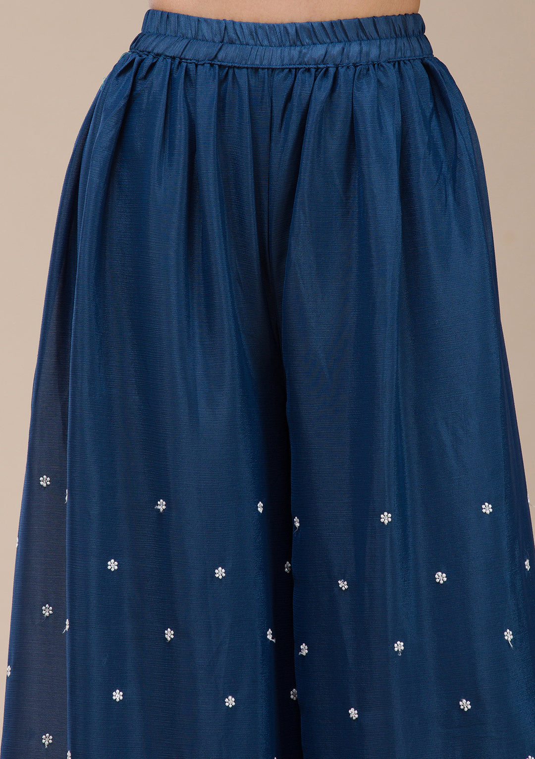 Navy Blue Chinon Threadwork Straight Kurta With Sharara And Dupatta
