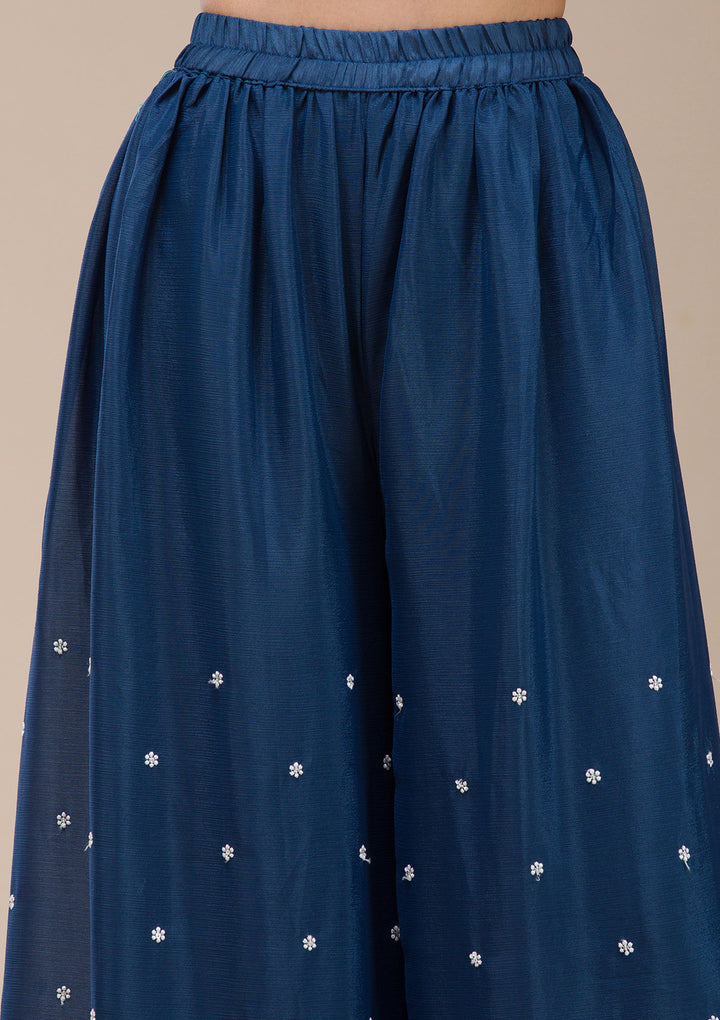Navy Blue Chinon Threadwork Straight Kurta With Sharara And Dupatta