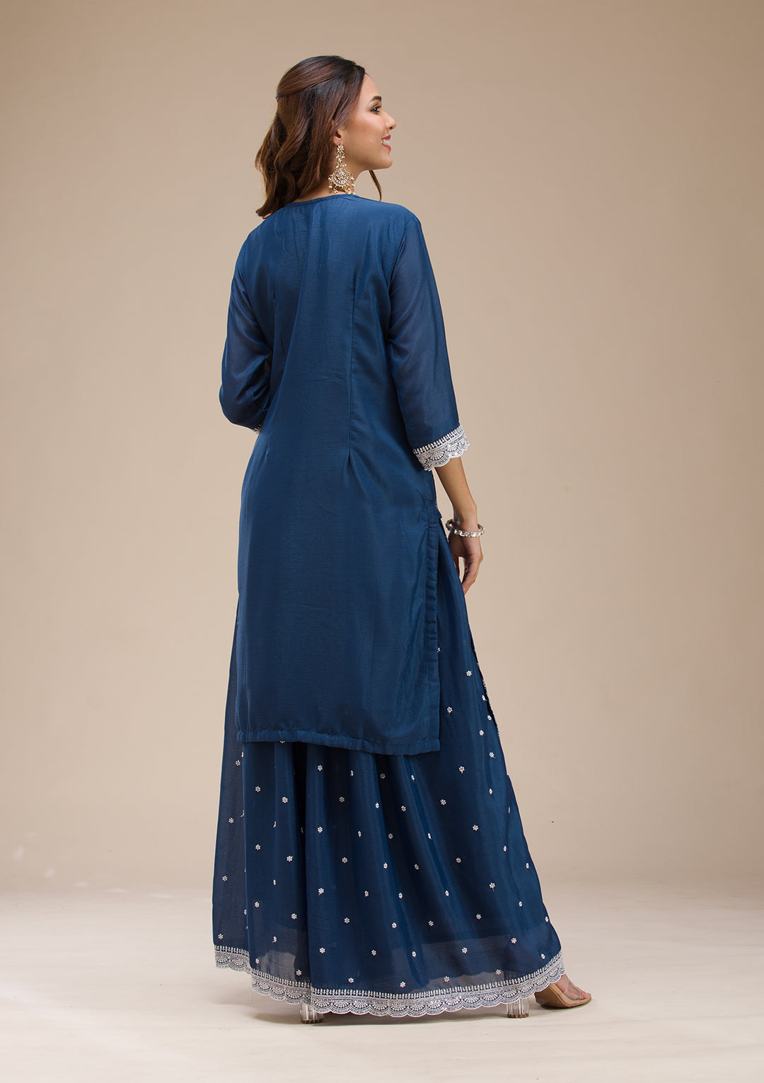 Navy Blue Chinon Threadwork Straight Kurta With Sharara And Dupatta