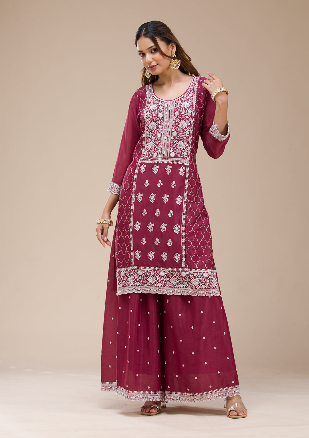 Wine Threadwork Chinon Readymade salwar suit