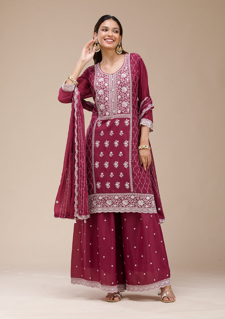 Wine Threadwork Chinon Readymade salwar suit