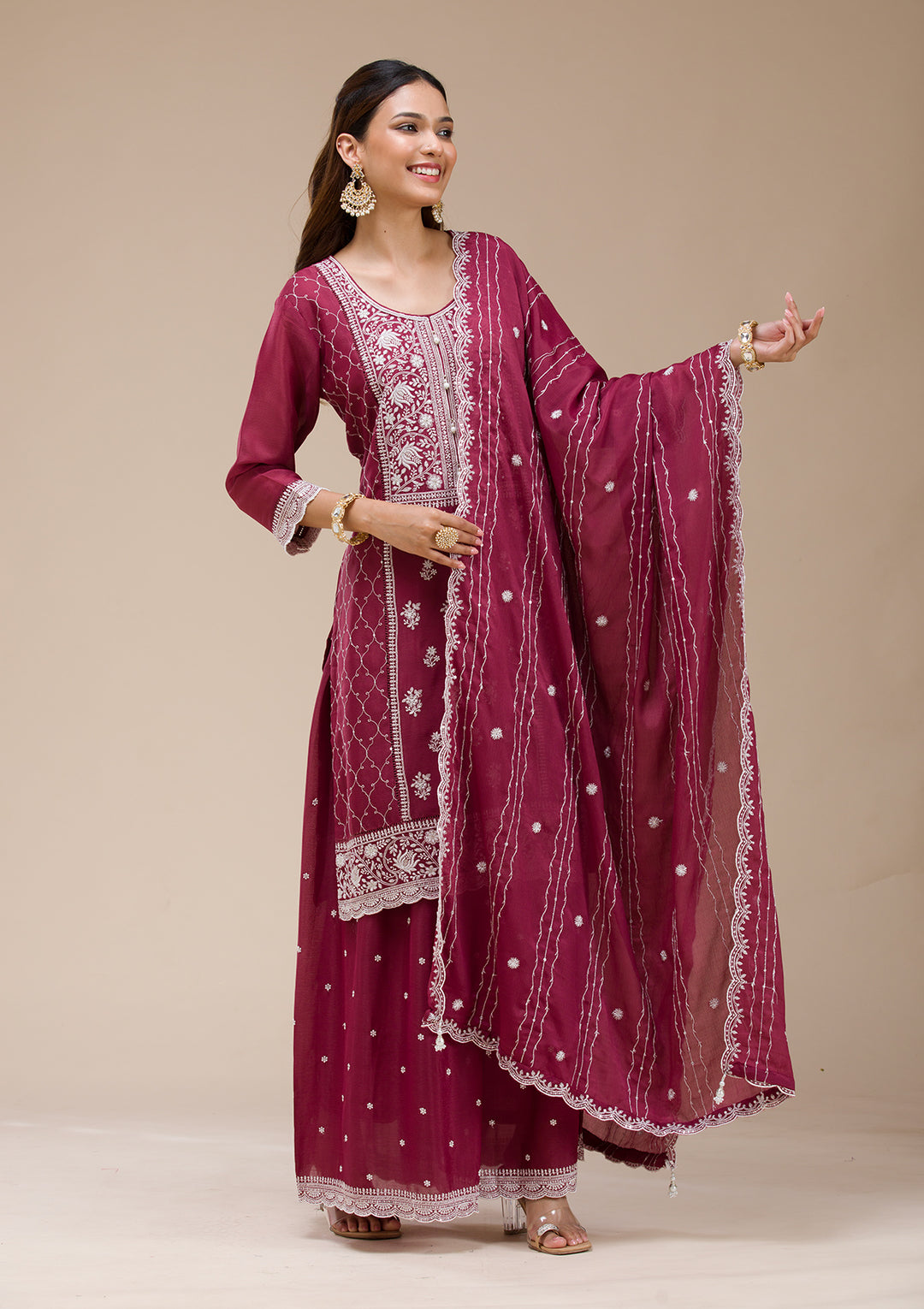 Wine Threadwork Chinon Readymade salwar suit
