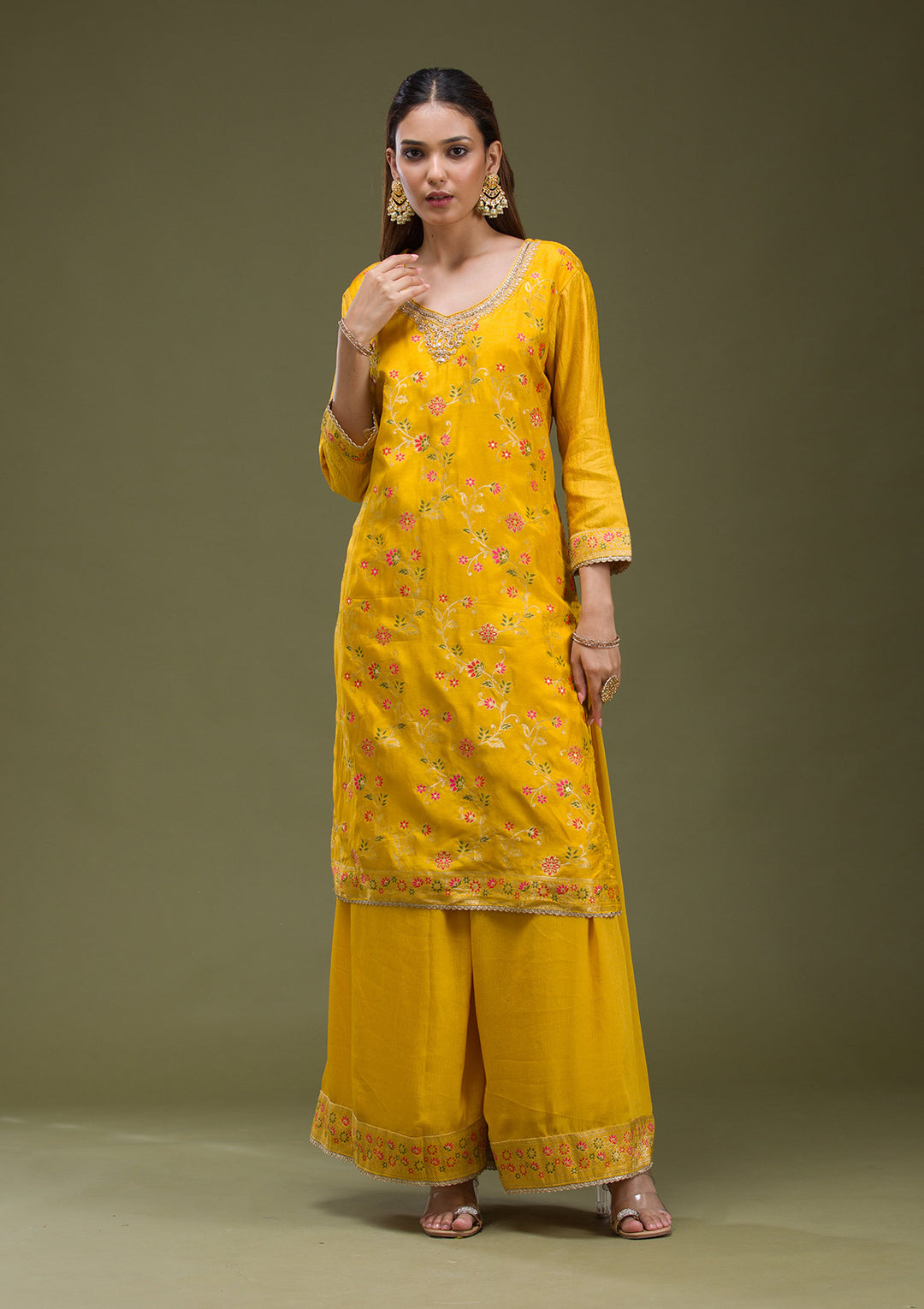 Mustard Yellow Cording Dola Silk Readymade salwar suit