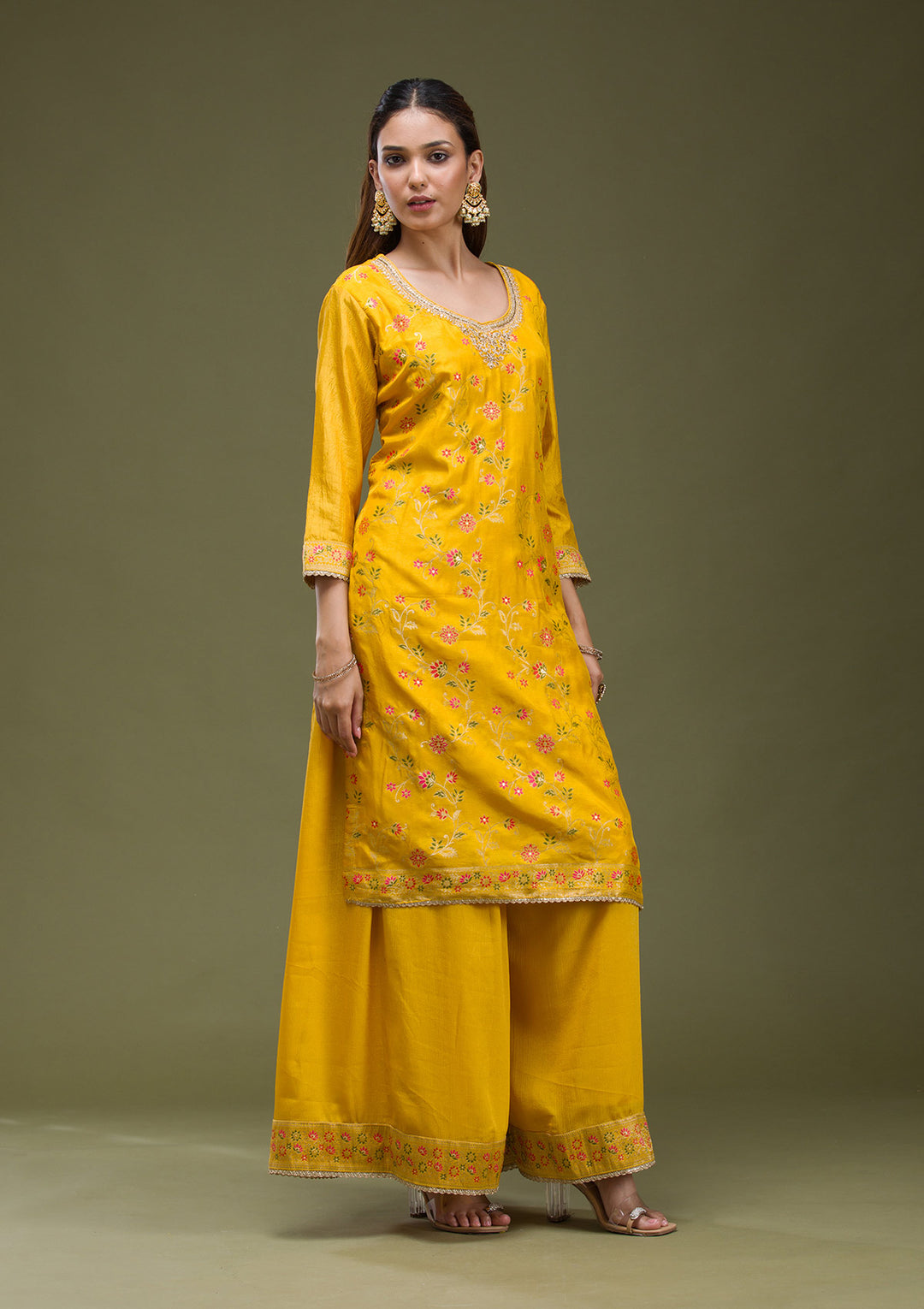 Mustard Yellow Cording Dola Silk Readymade salwar suit