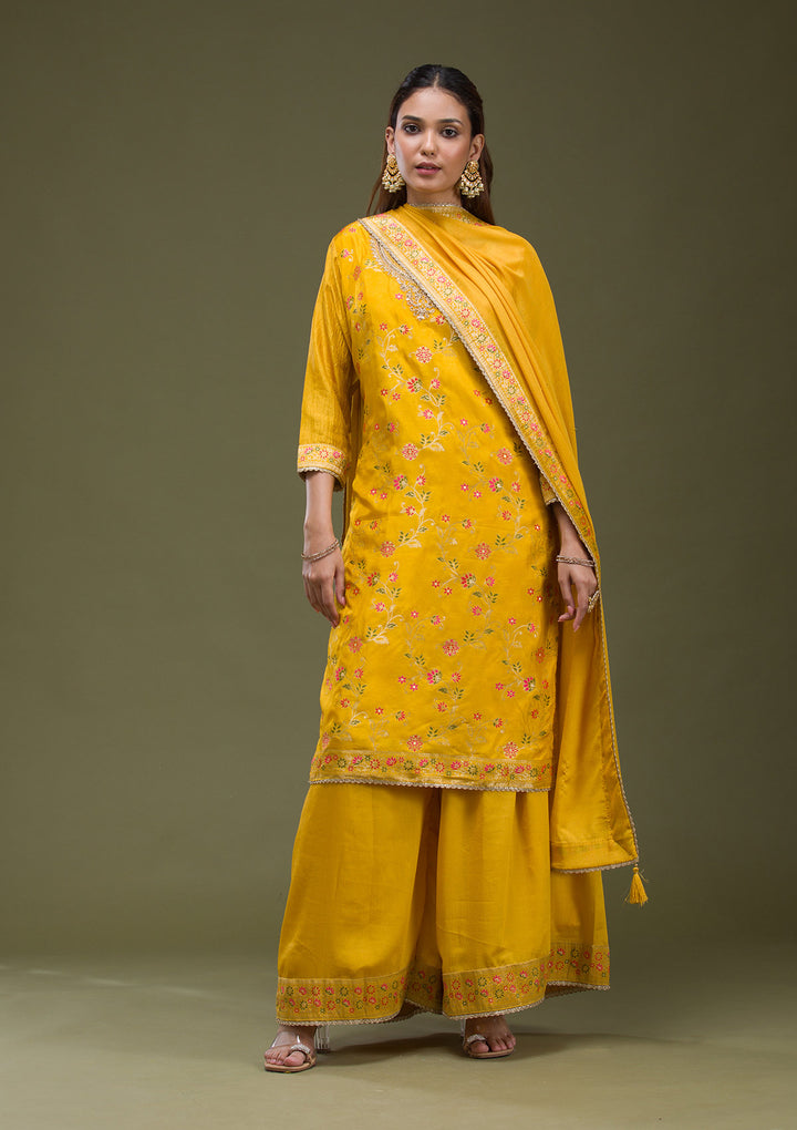 Mustard Yellow Cording Dola Silk Readymade salwar suit