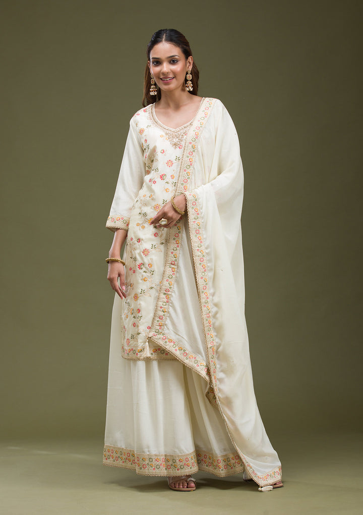 Off White Cording Dola Silk Readymade sharara suit