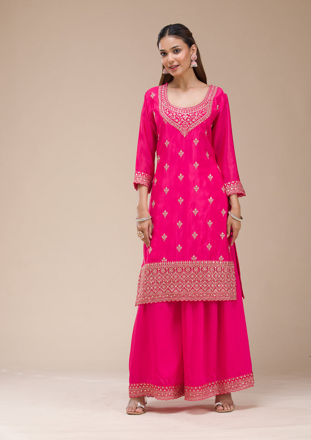 Magenta Pink Zariwork (Gold) Chinon Readymade salwar suit