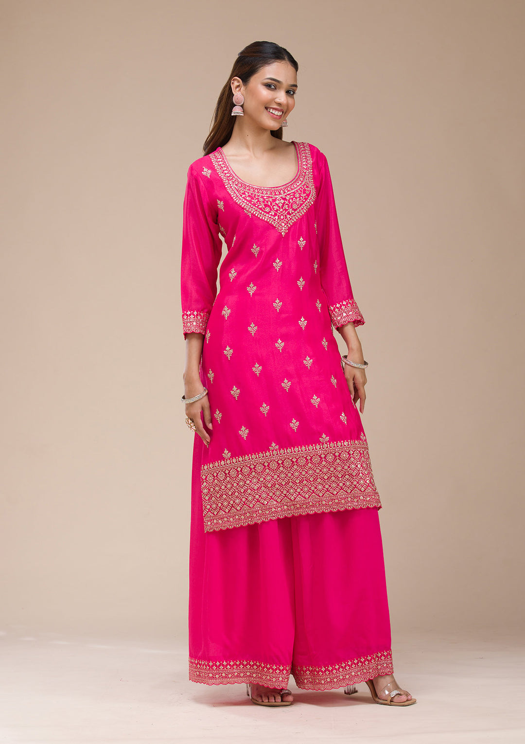 Magenta Pink Zariwork (Gold) Chinon Readymade salwar suit