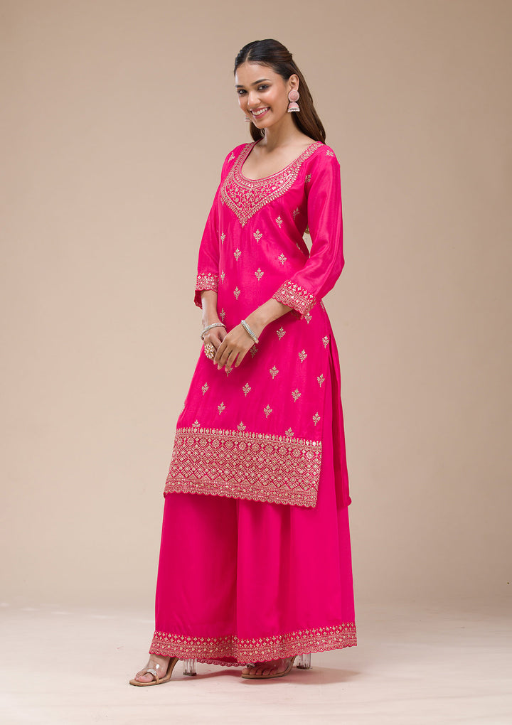 Magenta Pink Zariwork (Gold) Chinon Readymade salwar suit