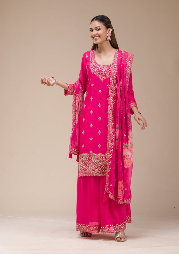 Magenta Pink Zariwork (Gold) Chinon Readymade salwar suit