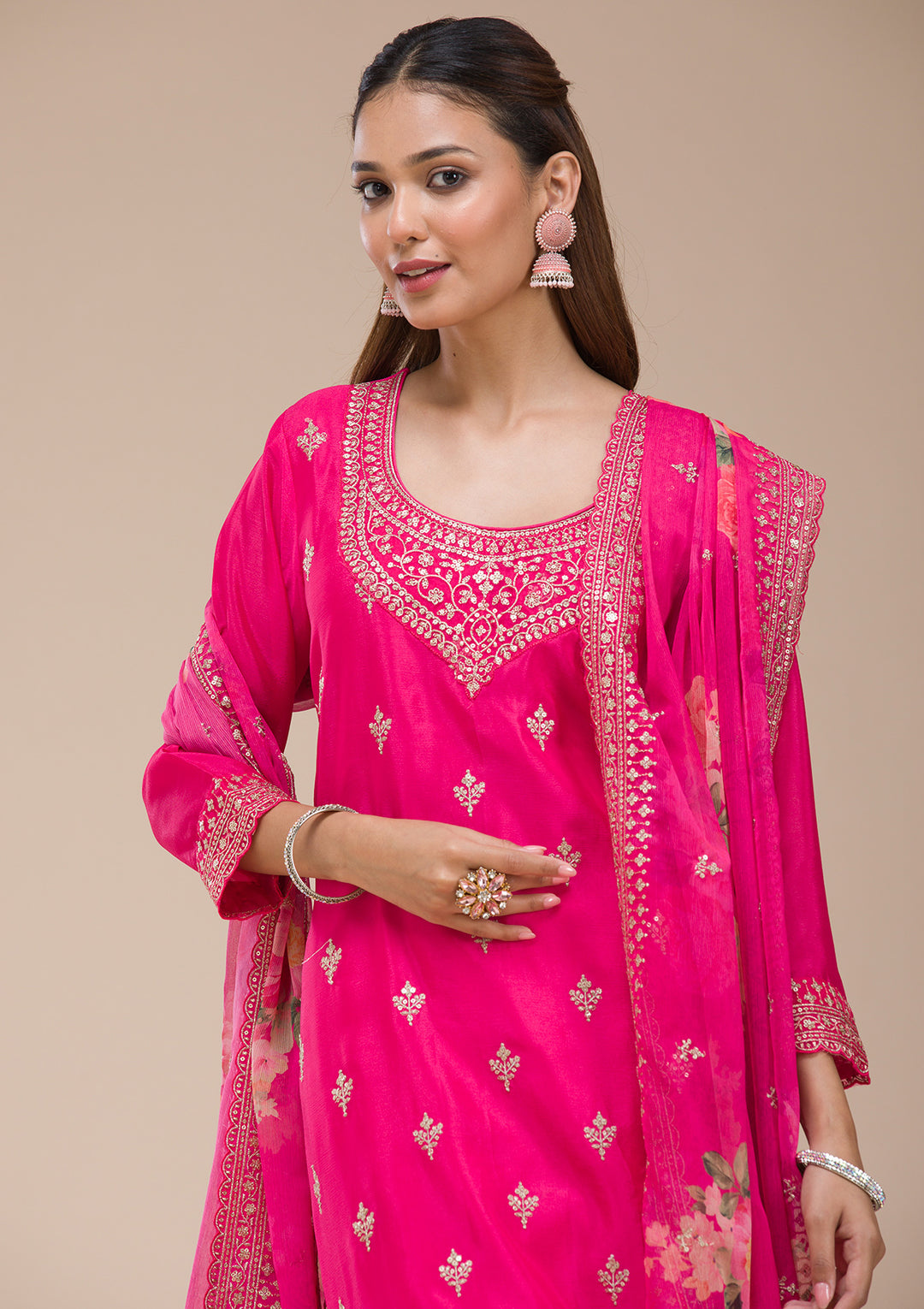 Magenta Pink Zariwork (Gold) Chinon Readymade salwar suit