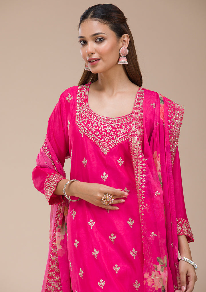 Magenta Pink Zariwork (Gold) Chinon Readymade salwar suit