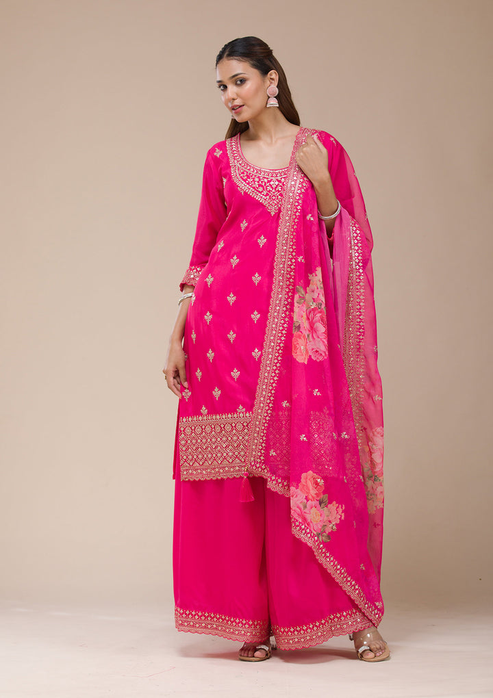 Magenta Pink Zariwork (Gold) Chinon Readymade salwar suit