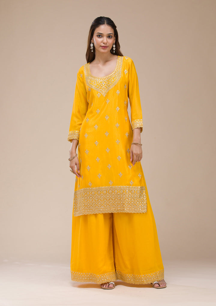 Mustard Yellow Zariwork (Gold) Chinon Readymade Sharara Suit