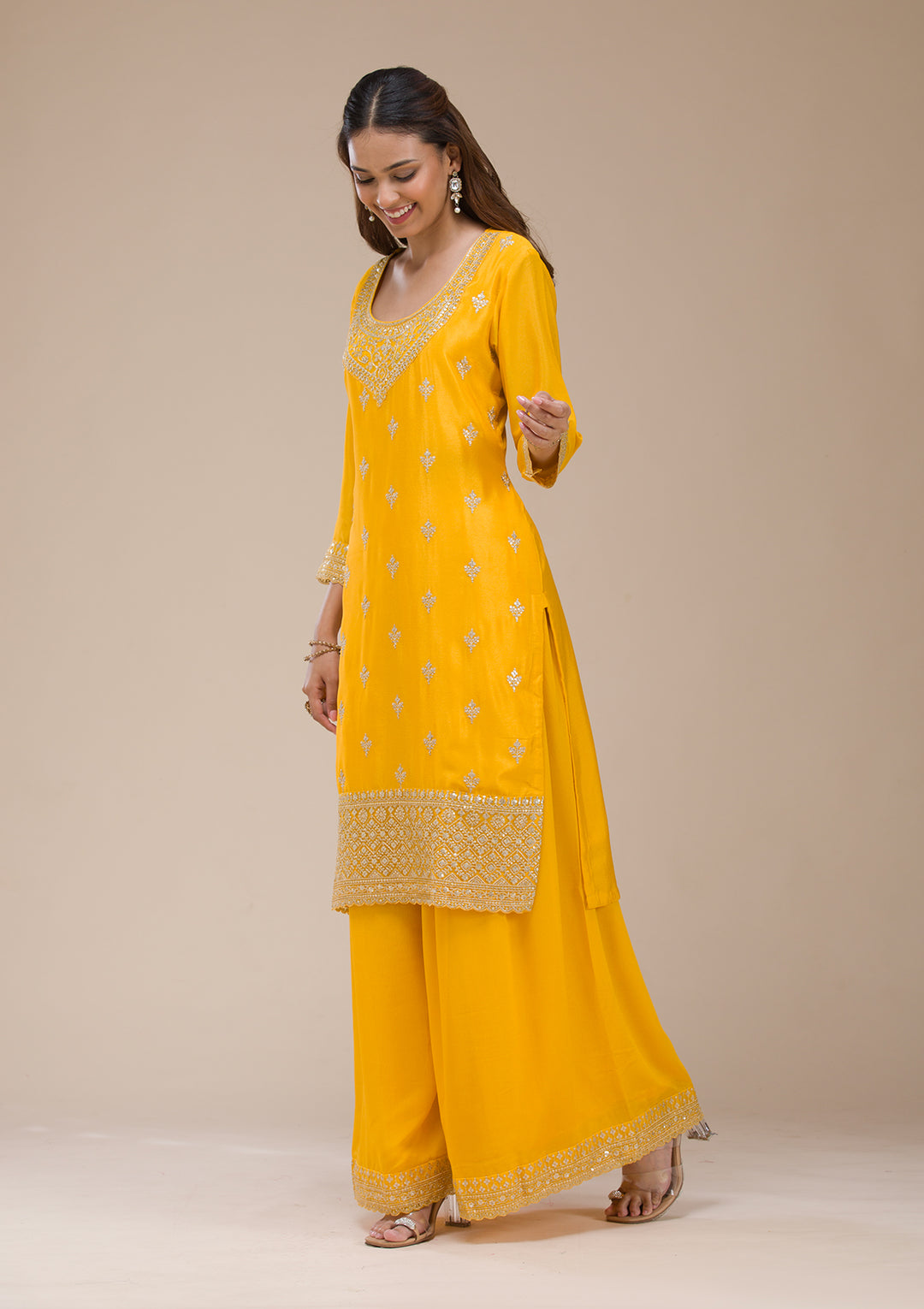 Mustard Yellow Zariwork (Gold) Chinon Readymade Sharara Suit