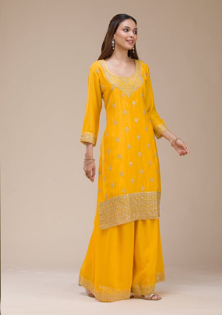 Mustard Yellow Zariwork (Gold) Chinon Readymade Sharara Suit