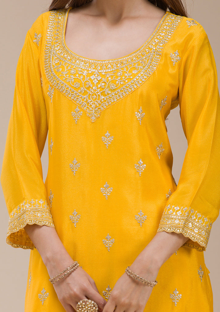 Mustard Yellow Zariwork (Gold) Chinon Readymade Sharara Suit