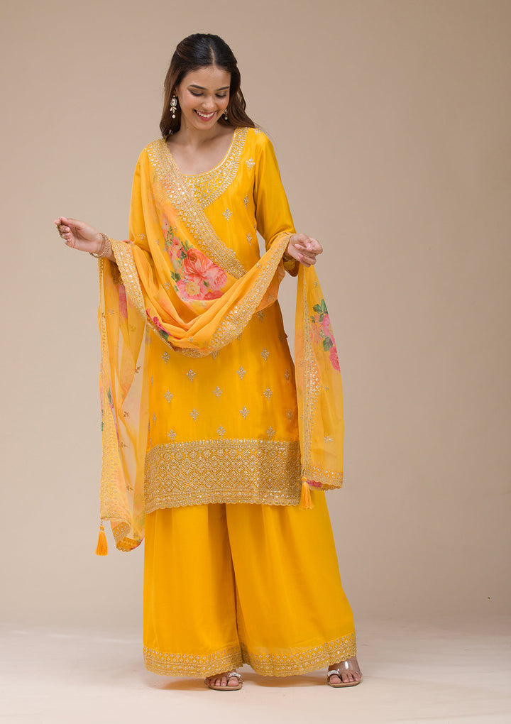 Mustard Yellow Zariwork (Gold) Chinon Readymade Sharara Suit