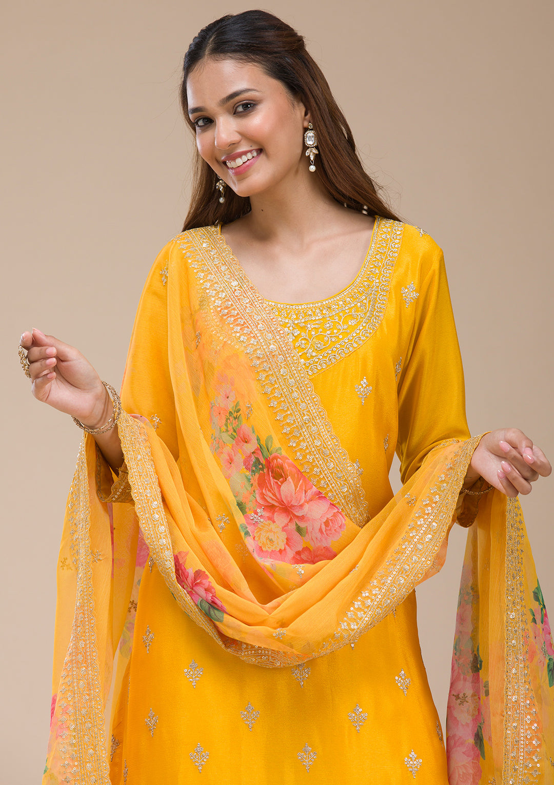 Mustard Yellow Zariwork (Gold) Chinon Readymade Sharara Suit