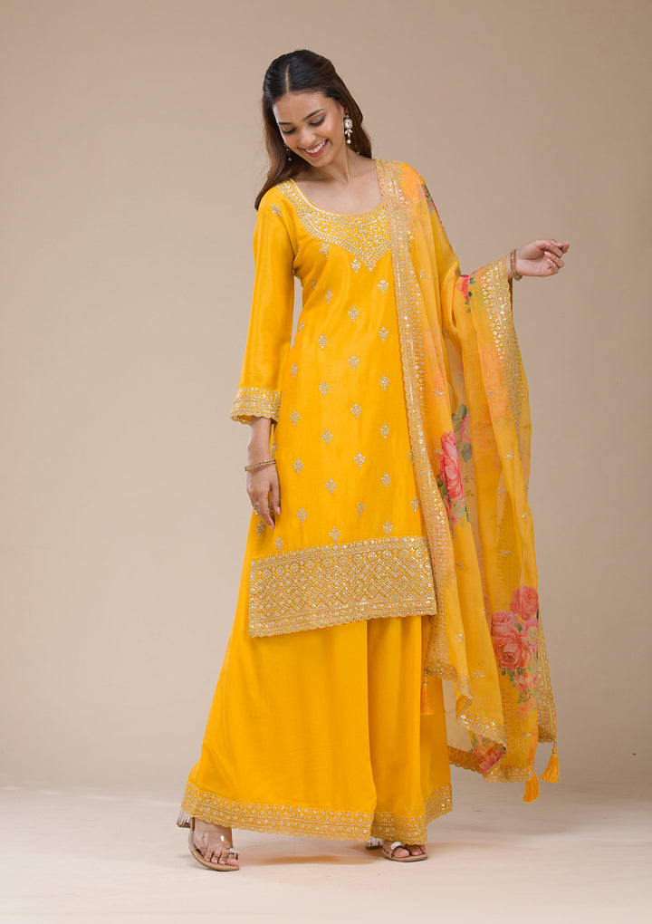 Mustard Yellow Zariwork (Gold) Chinon Readymade Sharara Suit