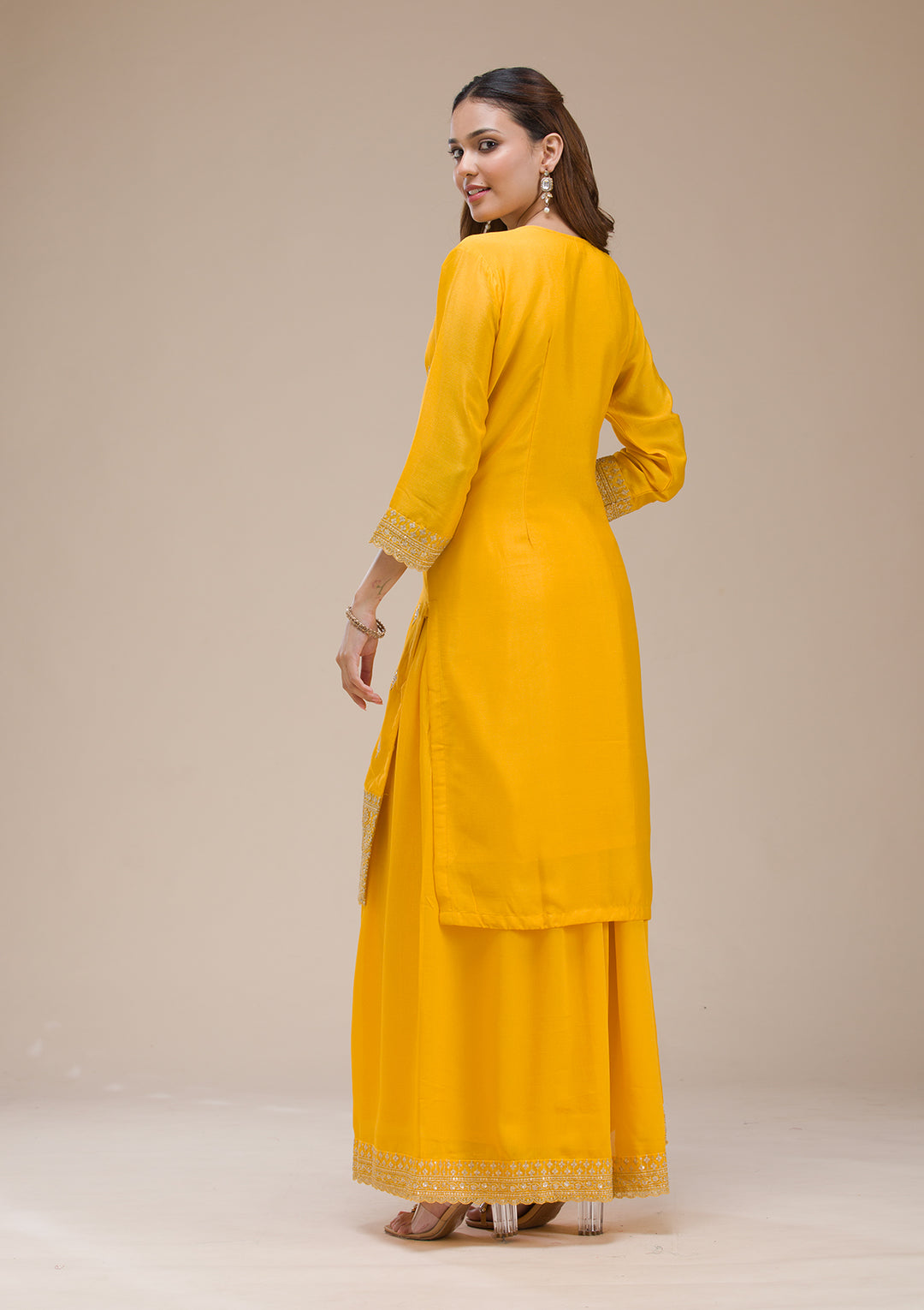 Mustard Yellow Zariwork (Gold) Chinon Readymade Sharara Suit