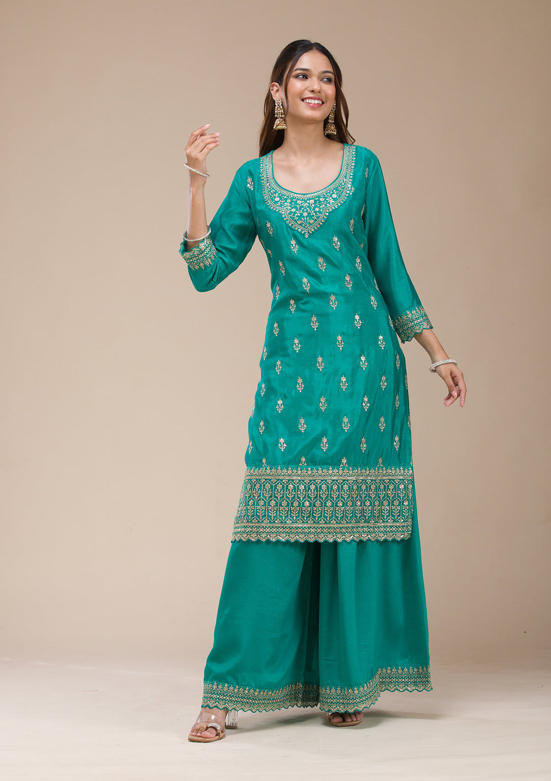 Rama Green Zariwork (Gold) Chinon Readymade sharara suit