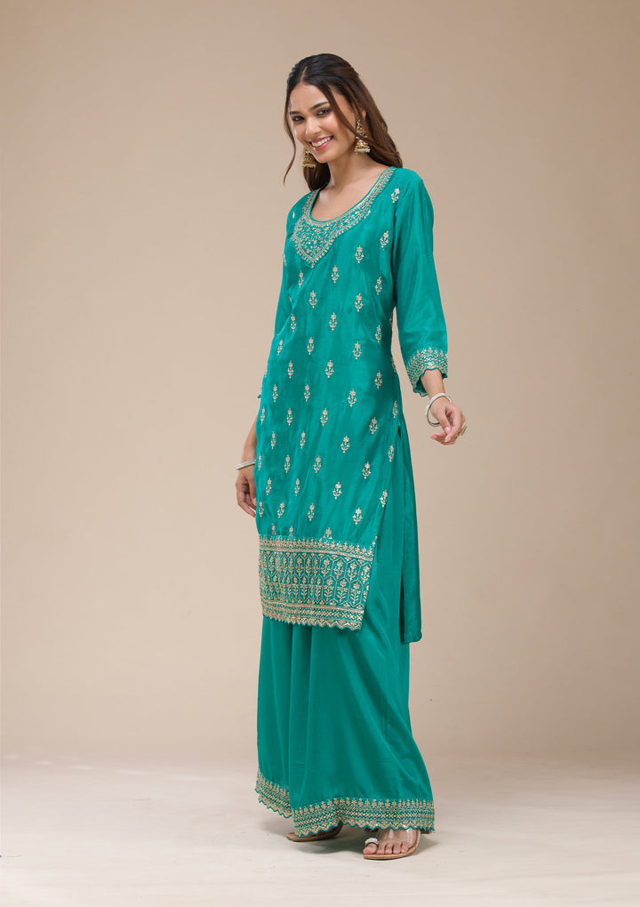 Rama Green Zariwork (Gold) Chinon Readymade sharara suit