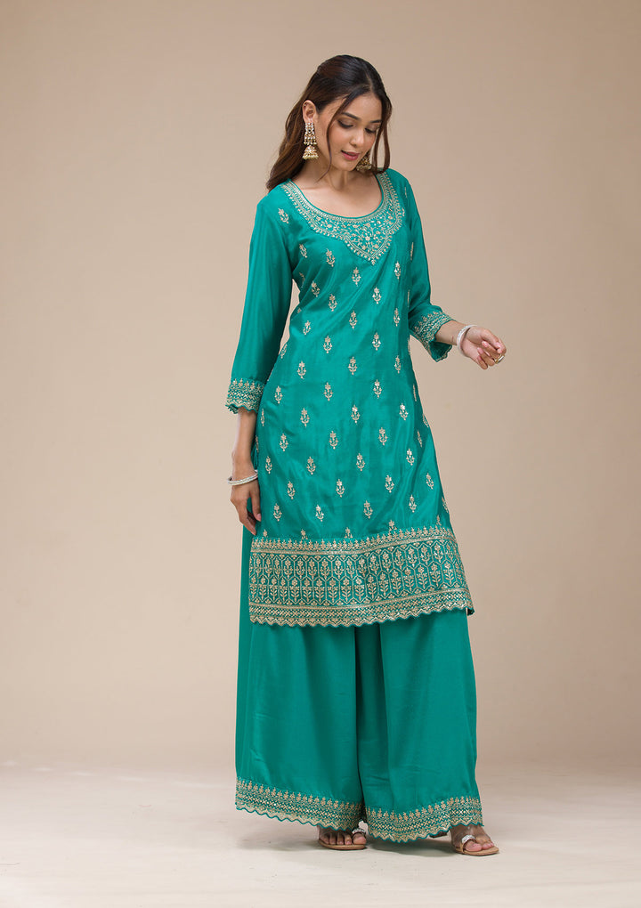 Rama Green Zariwork (Gold) Chinon Readymade sharara suit