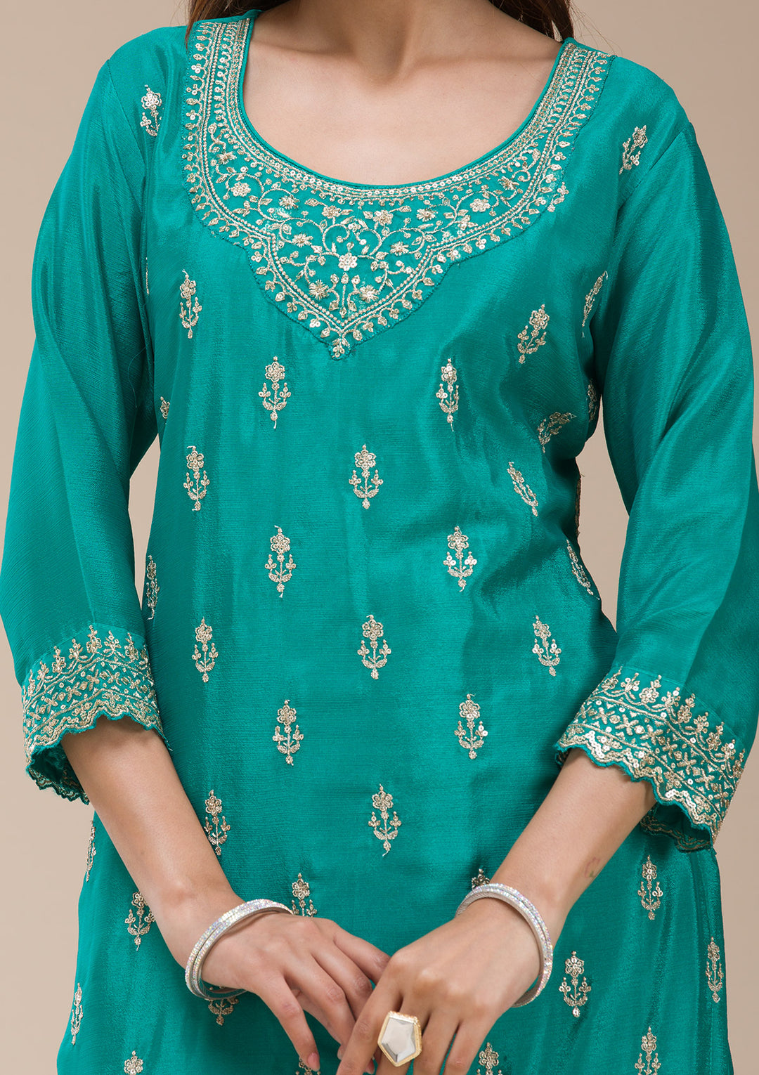 Rama Green Zariwork (Gold) Chinon Readymade sharara suit