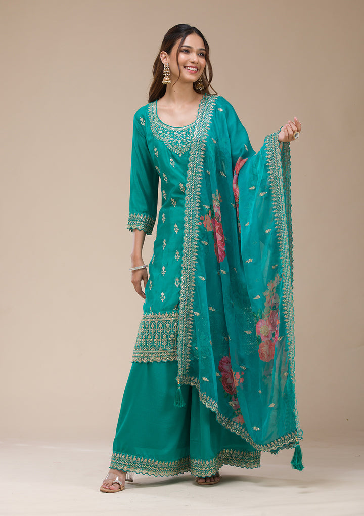 Rama Green Zariwork (Gold) Chinon Readymade sharara suit