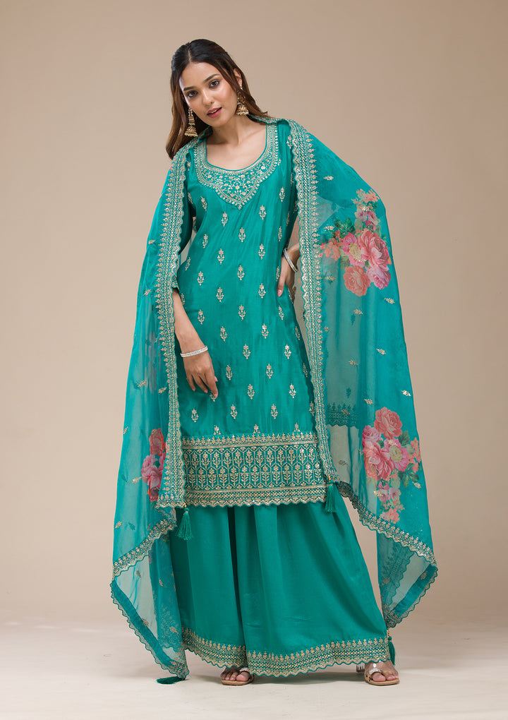 Rama Green Zariwork (Gold) Chinon Readymade sharara suit