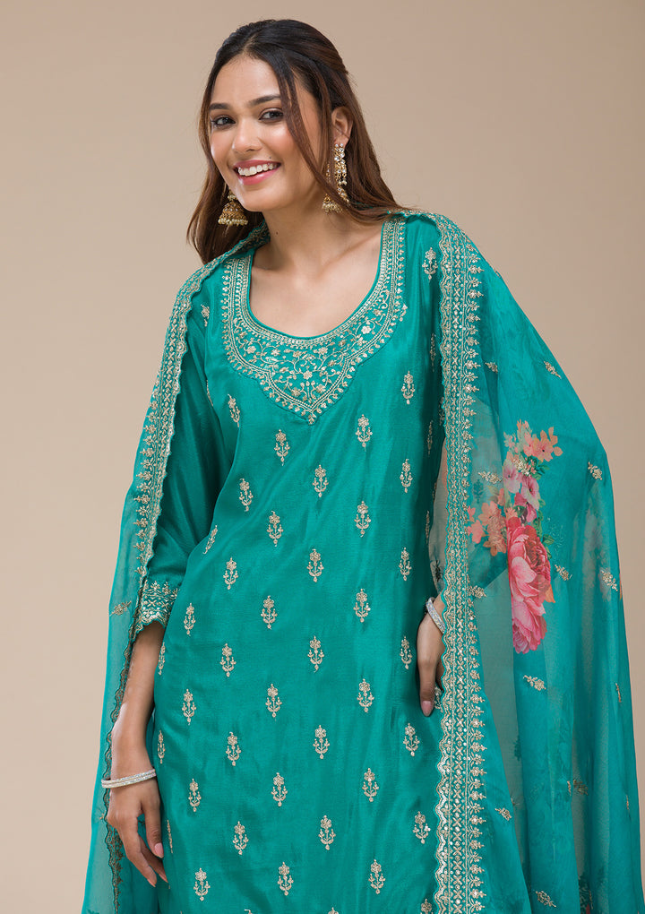 Rama Green Zariwork (Gold) Chinon Readymade sharara suit