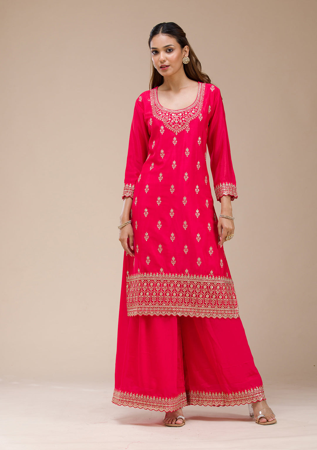 Red Zariwork (Gold) Chinon Readymade sharara suit