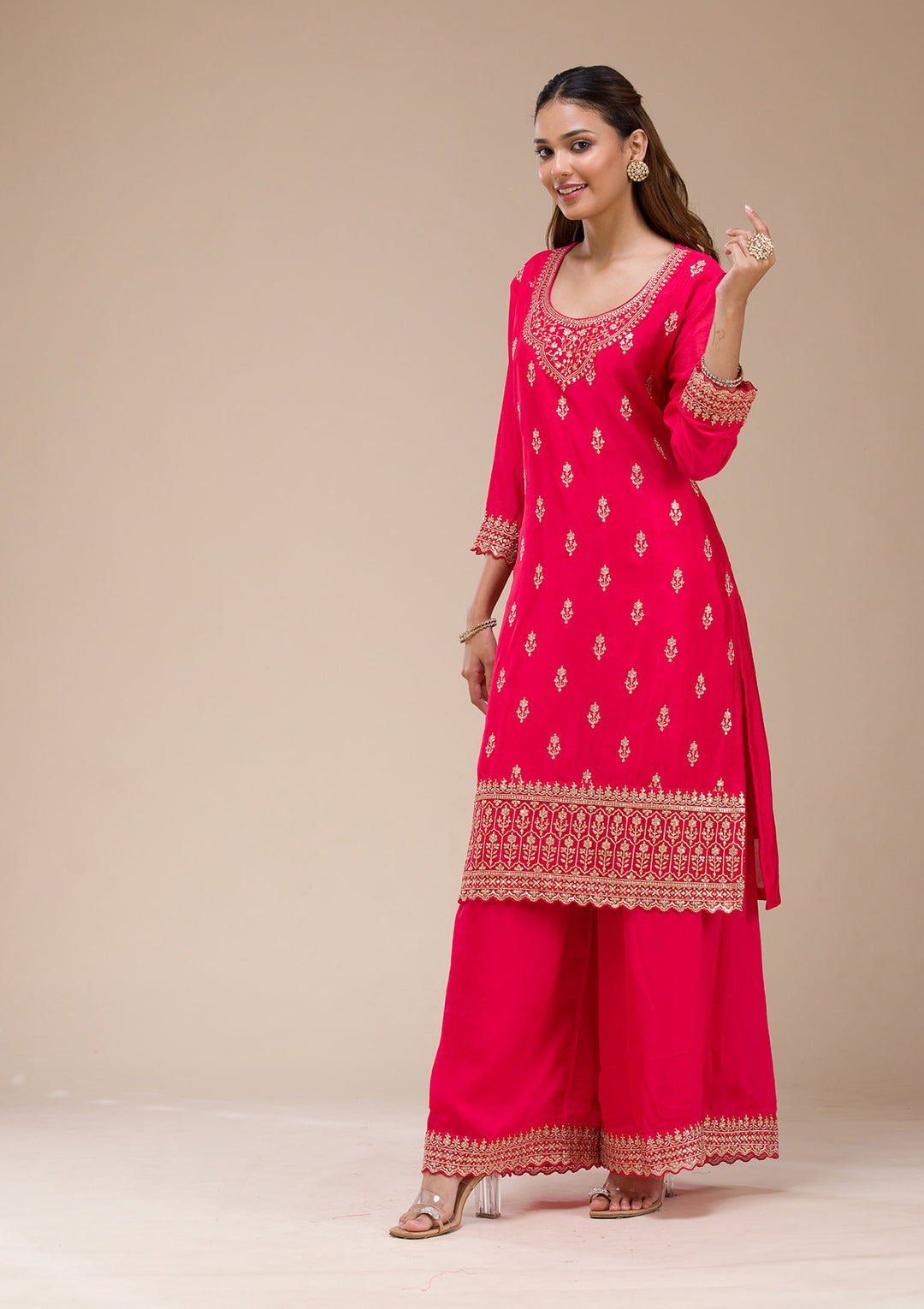 Red Zariwork (Gold) Chinon Readymade sharara suit