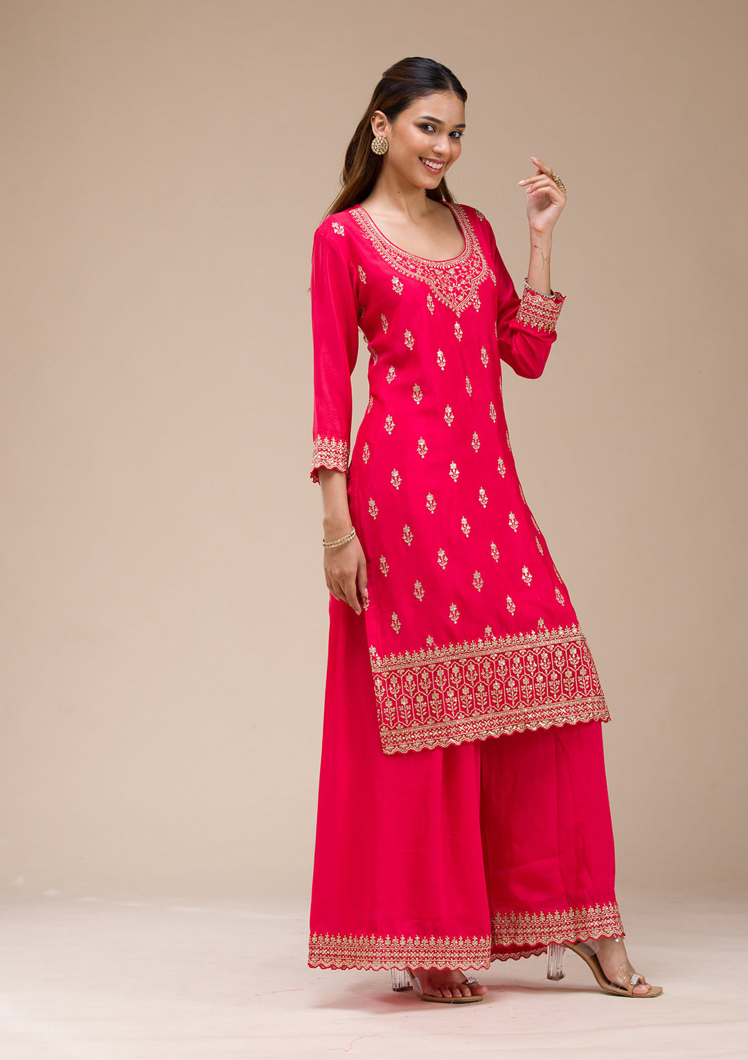 Red Zariwork (Gold) Chinon Readymade sharara suit
