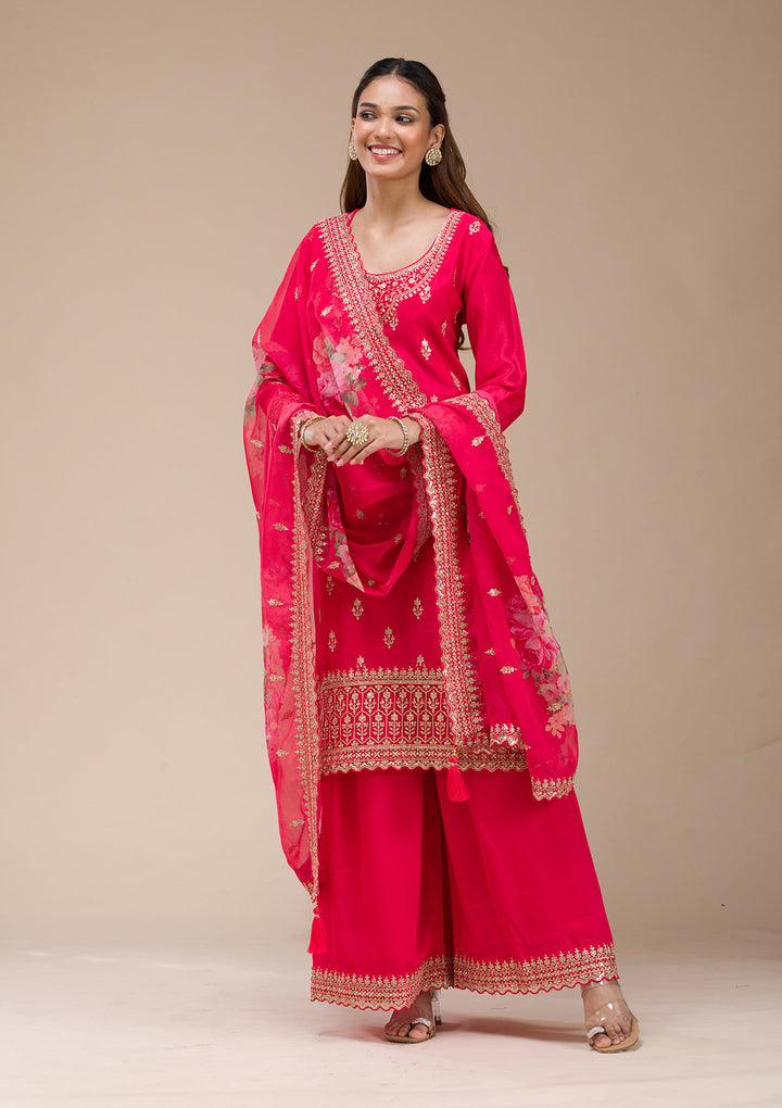 Red Zariwork (Gold) Chinon Readymade sharara suit