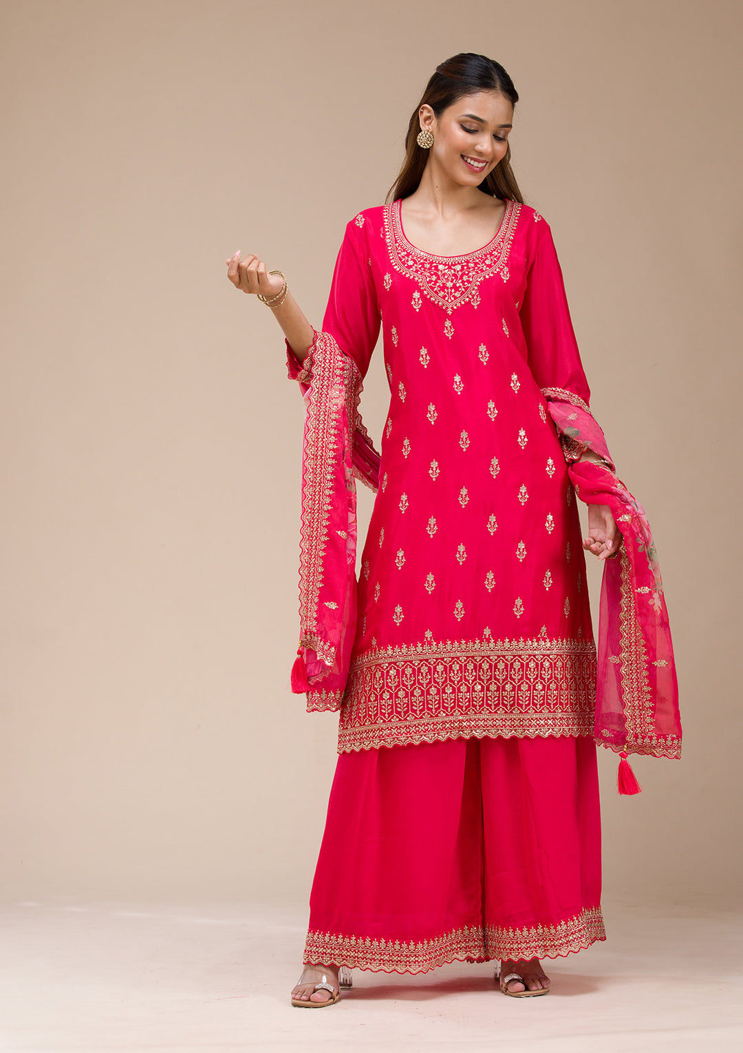 Red Zariwork (Gold) Chinon Readymade sharara suit