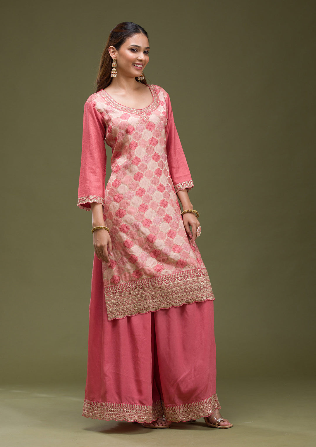 Onion Pink Cording Dola Silk Readymade salwar suit