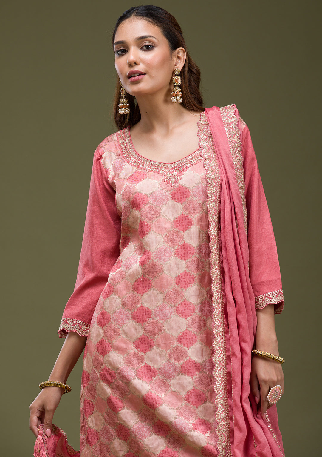 Onion Pink Cording Dola Silk Readymade salwar suit