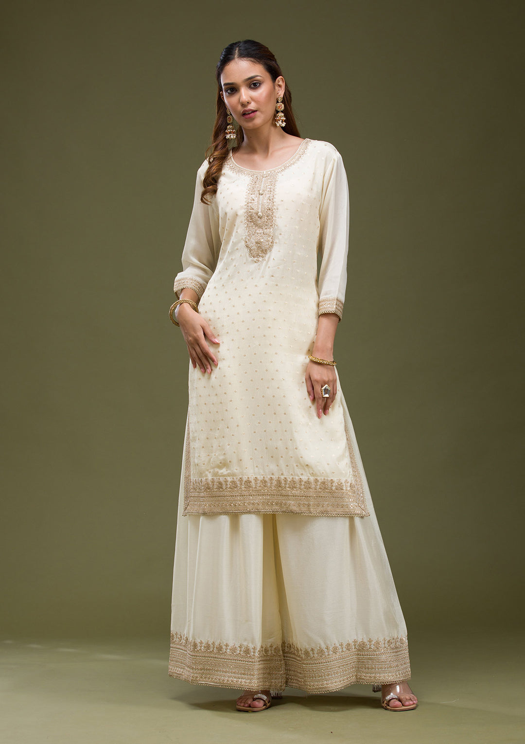 Beige Cording Chinon Readymade Sharara suit