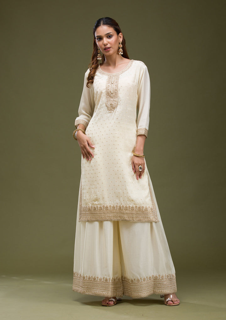 Beige Cording Chinon Readymade Sharara suit