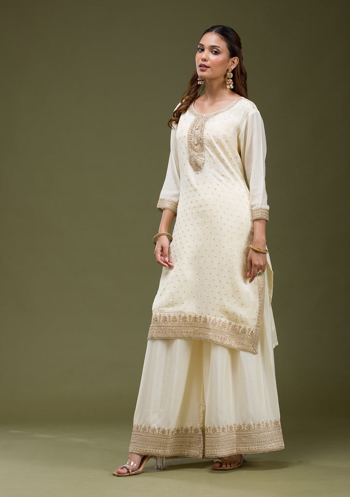 Beige Cording Chinon Readymade Sharara suit