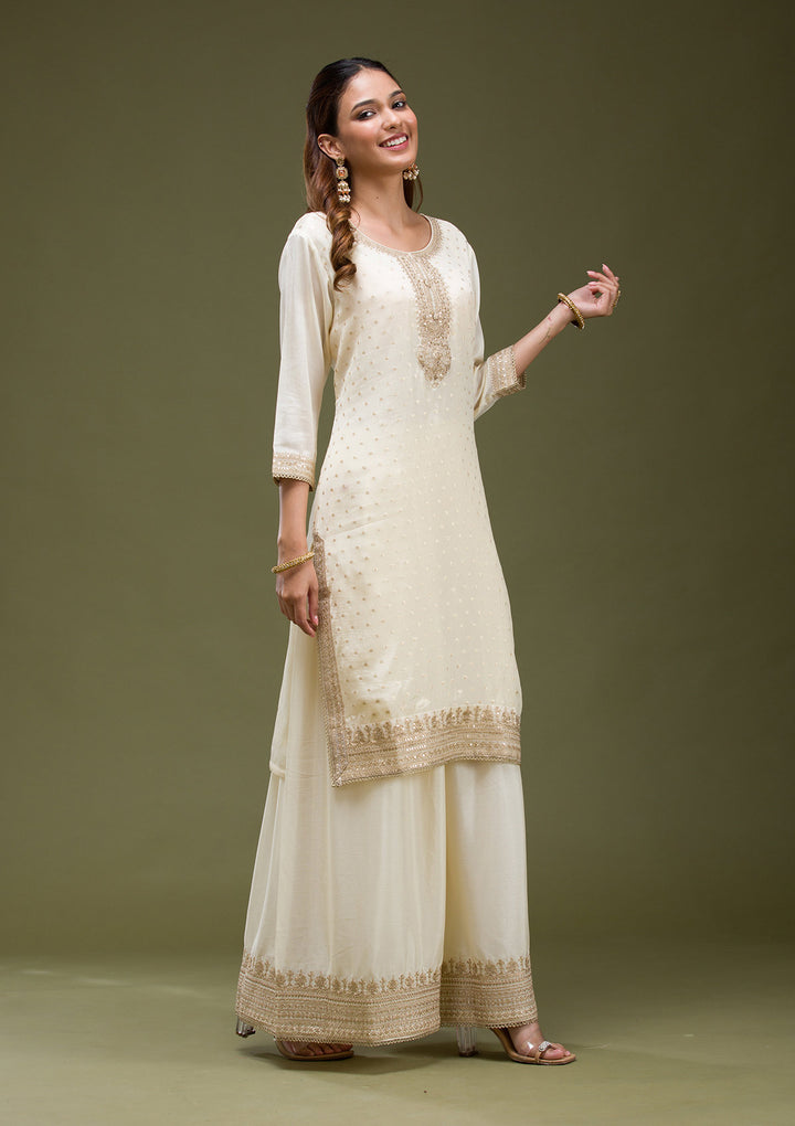 Beige Cording Chinon Readymade Sharara suit