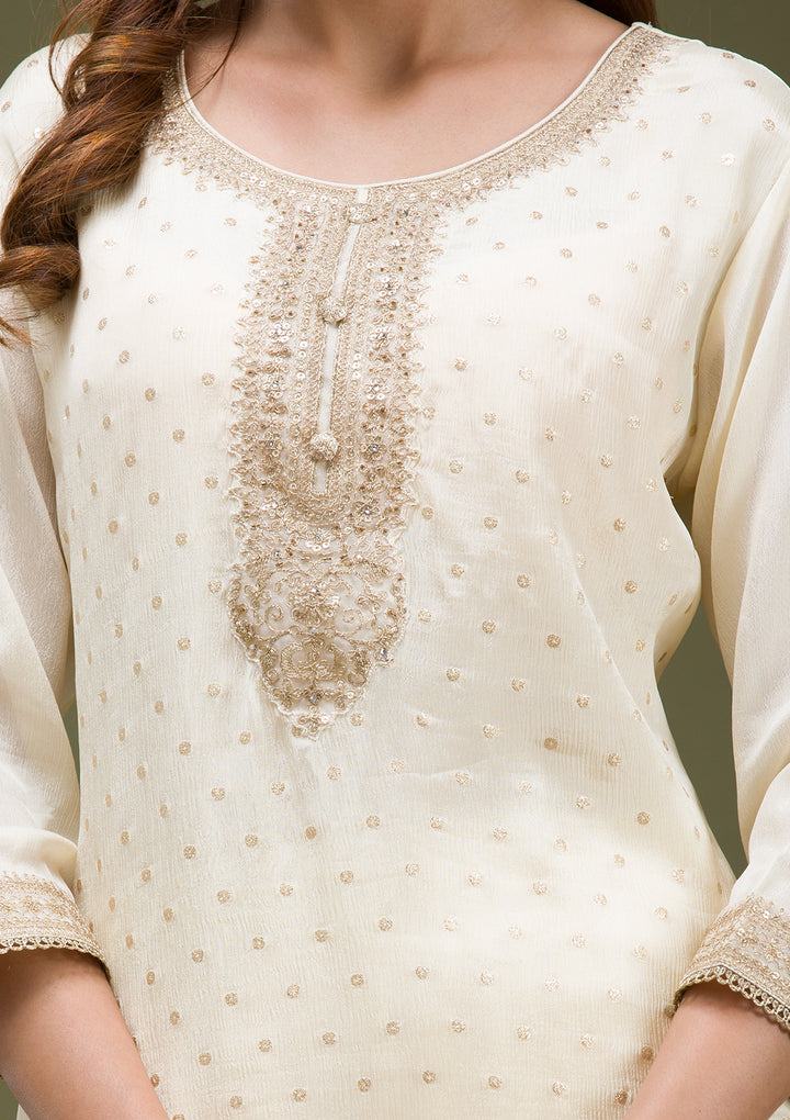 Beige Cording Chinon Readymade Sharara suit