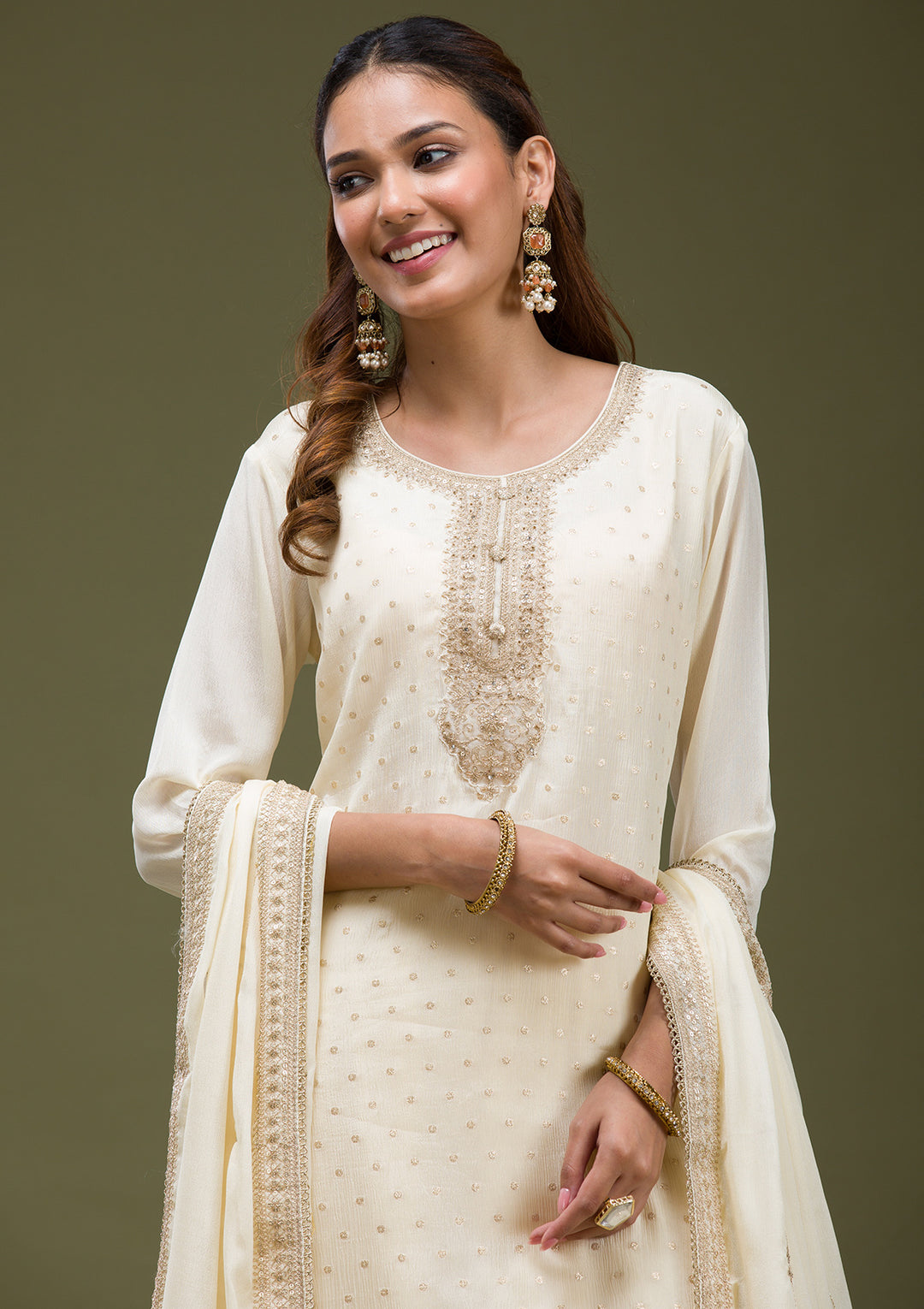 Beige Cording Chinon Readymade Sharara suit