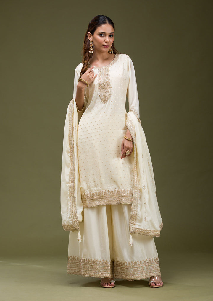 Beige Cording Chinon Readymade Sharara suit