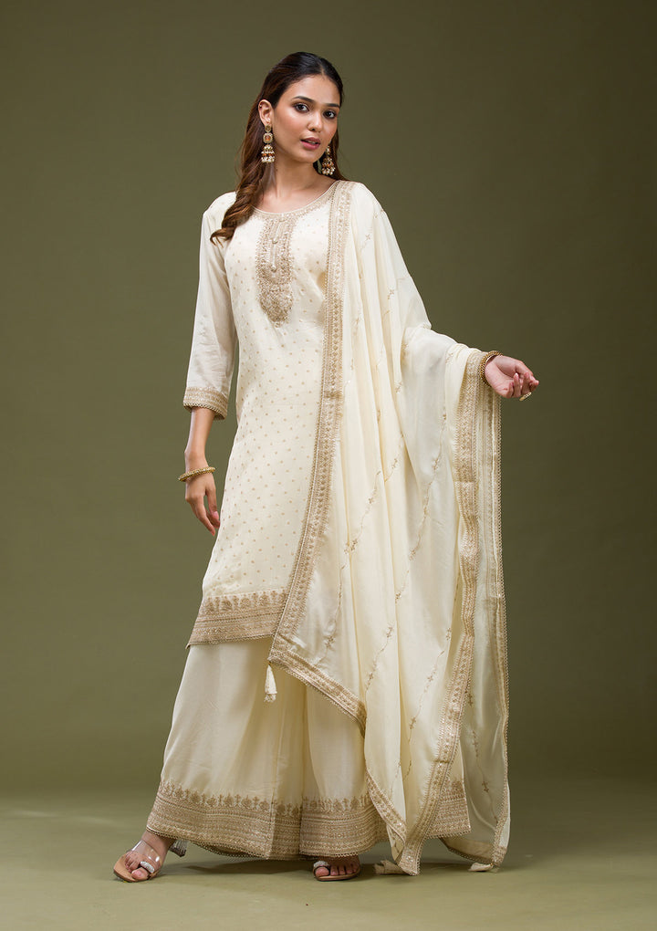 Beige Cording Chinon Readymade Sharara suit